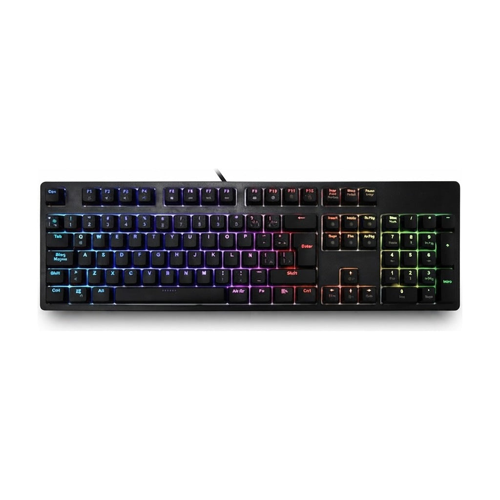 Teclado Gamer Mecánico USB RGB Layout Español - Negro, vista de producto sobre fondo blanco