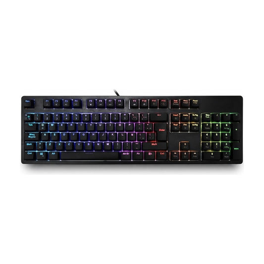 Teclado Gamer Mecánico USB RGB Layout Español - Negro, vista de producto sobre fondo blanco