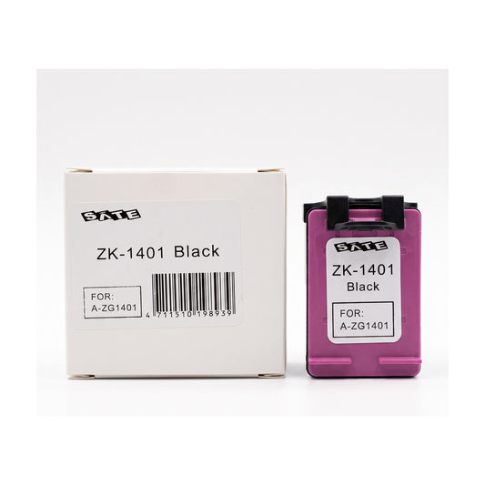 Cartucho de tinta negra para impresora junto a su caja, sobre fondo blanco