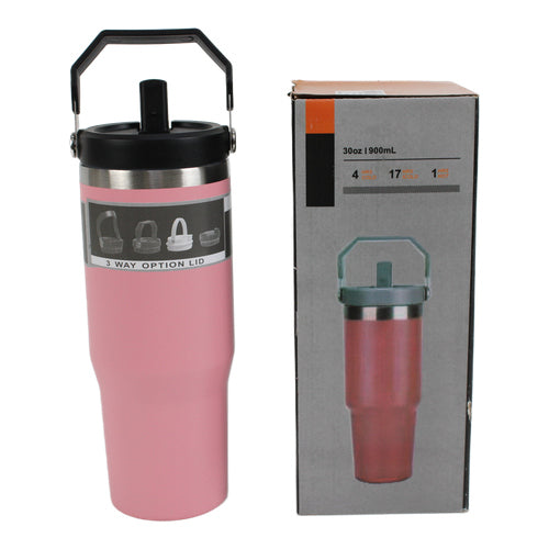 Vaso térmico de acero inoxidable 900 ml con pajita y asa rosa