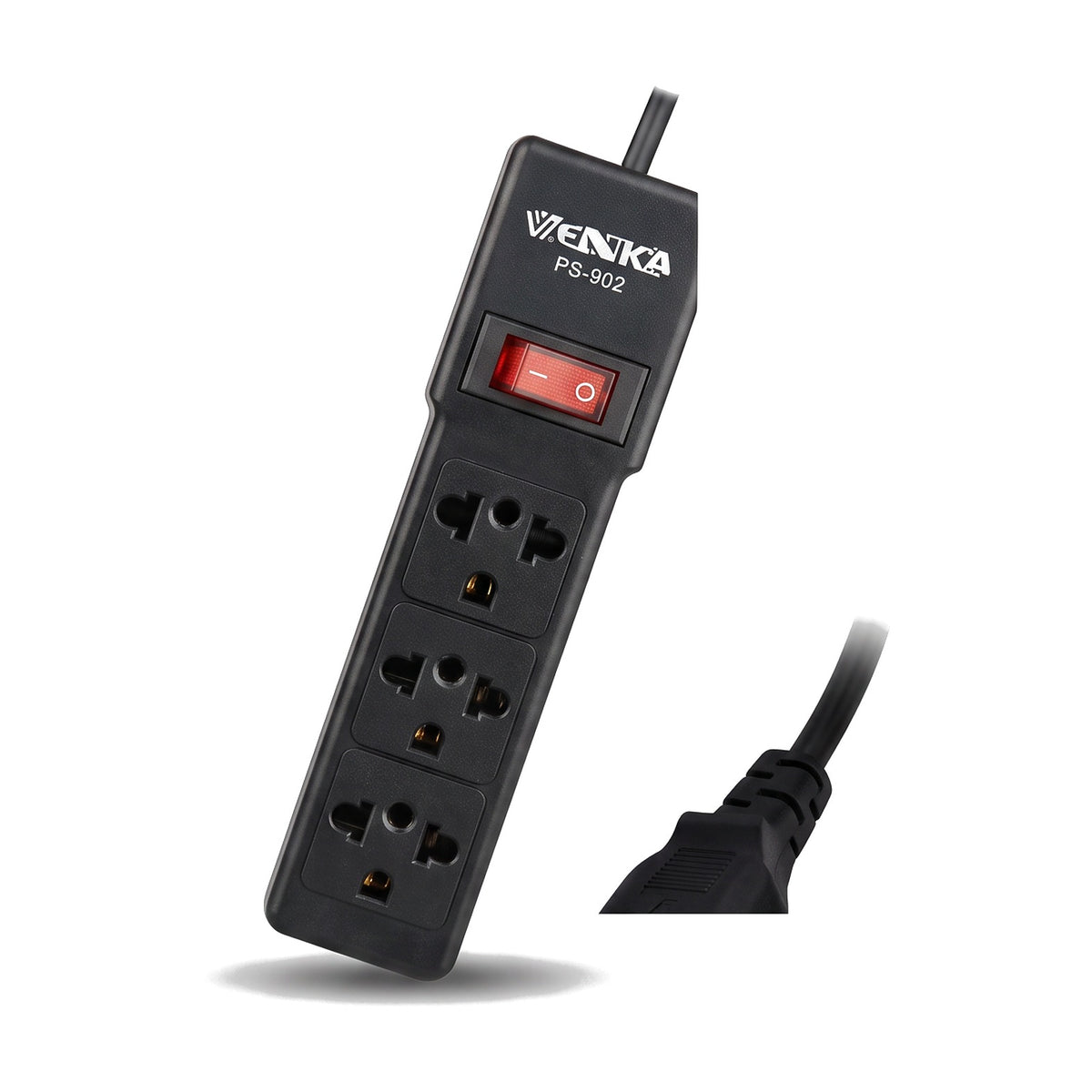 Zapatilla eléctrica negra con interruptor rojo y cable